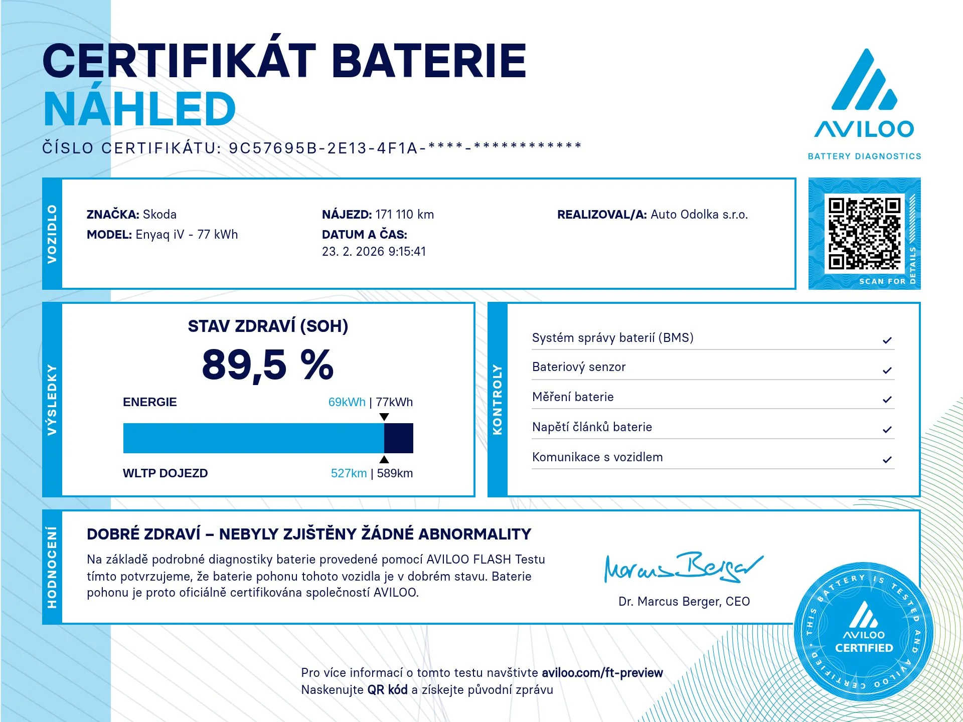 Ukázka certifikátu AVILOO FLASH — State of Health a dojezd